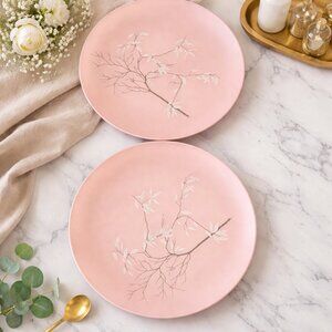 Vintage Pink Floral Dinner Plates Set of 2 Mid Century Atomic Branch Design